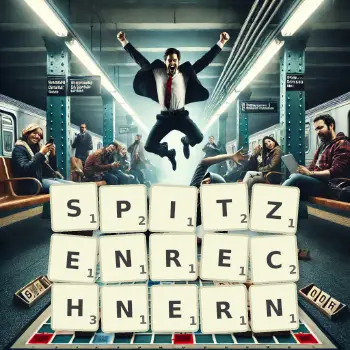 Kreative Illustration für ein Scrabble-Spiel, bei dem das Wort SPITZENRECHNERN mit Steinen auf dem Brett gelegt wurde.