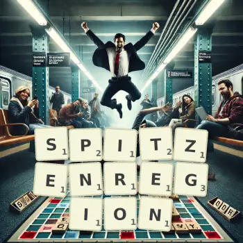 Kreative Illustration für ein Scrabble-Spiel, bei dem das Wort SPITZENREGION mit Steinen auf dem Brett gelegt wurde.