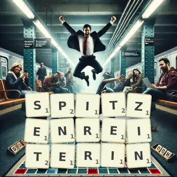 Kreative Illustration für ein Scrabble-Spiel, bei dem das Wort SPITZENREITERIN mit Steinen auf dem Brett gelegt wurde.