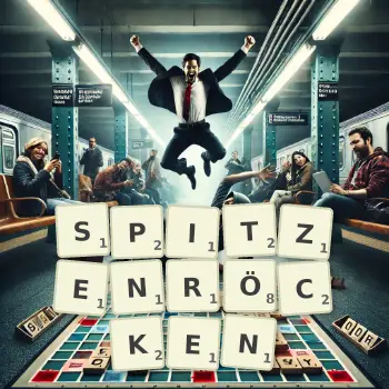 Kreative Illustration für ein Scrabble-Spiel, bei dem das Wort SPITZENRÖCKEN mit Steinen auf dem Brett gelegt wurde.