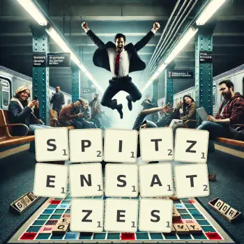 Kreative Illustration für ein Scrabble-Spiel, bei dem das Wort SPITZENSATZES mit Steinen auf dem Brett gelegt wurde.