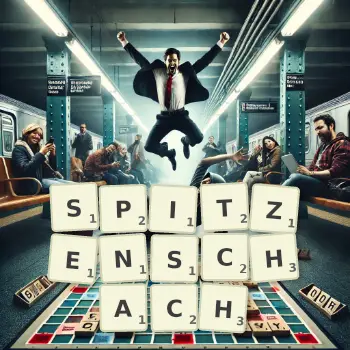 Kreative Illustration für ein Scrabble-Spiel, bei dem das Wort SPITZENSCHACH mit Steinen auf dem Brett gelegt wurde.