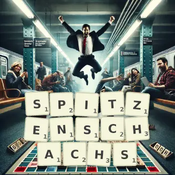 Kreative Illustration für ein Scrabble-Spiel, bei dem das Wort SPITZENSCHACHS mit Steinen auf dem Brett gelegt wurde.