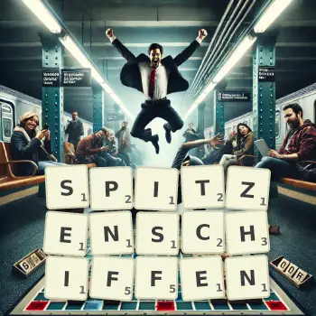 Kreative Illustration für ein Scrabble-Spiel, bei dem das Wort SPITZENSCHIFFEN mit Steinen auf dem Brett gelegt wurde.