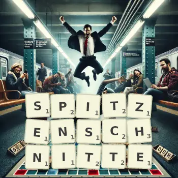 Kreative Illustration für ein Scrabble-Spiel, bei dem das Wort SPITZENSCHNITTE mit Steinen auf dem Brett gelegt wurde.