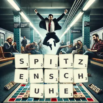 Kreative Illustration für ein Scrabble-Spiel, bei dem das Wort SPITZENSCHUHE mit Steinen auf dem Brett gelegt wurde.