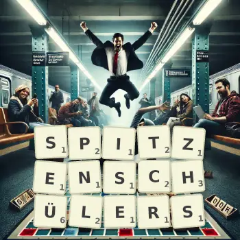 Kreative Illustration für ein Scrabble-Spiel, bei dem das Wort SPITZENSCHÜLERS mit Steinen auf dem Brett gelegt wurde.