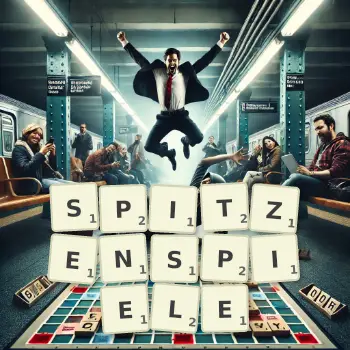 Kreative Illustration für ein Scrabble-Spiel, bei dem das Wort SPITZENSPIELE mit Steinen auf dem Brett gelegt wurde.