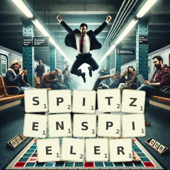 Kreative Illustration für ein Scrabble-Spiel, bei dem das Wort SPITZENSPIELER mit Steinen auf dem Brett gelegt wurde.