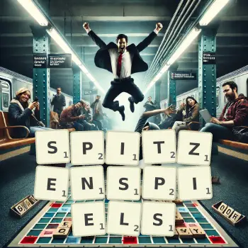 Kreative Illustration für ein Scrabble-Spiel, bei dem das Wort SPITZENSPIELS mit Steinen auf dem Brett gelegt wurde.