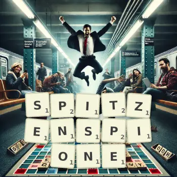 Kreative Illustration für ein Scrabble-Spiel, bei dem das Wort SPITZENSPIONE mit Steinen auf dem Brett gelegt wurde.