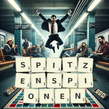 Kreative Illustration für ein Scrabble-Spiel, bei dem das Wort SPITZENSPIONEN mit Steinen auf dem Brett gelegt wurde.
