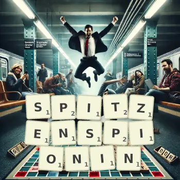 Kreative Illustration für ein Scrabble-Spiel, bei dem das Wort SPITZENSPIONIN mit Steinen auf dem Brett gelegt wurde.