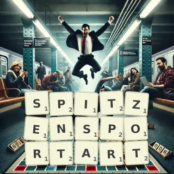 Kreative Illustration für ein Scrabble-Spiel, bei dem das Wort SPITZENSPORTART mit Steinen auf dem Brett gelegt wurde.