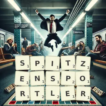 Kreative Illustration für ein Scrabble-Spiel, bei dem das Wort SPITZENSPORTLER mit Steinen auf dem Brett gelegt wurde.