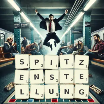 Kreative Illustration für ein Scrabble-Spiel, bei dem das Wort SPITZENSTELLUNG mit Steinen auf dem Brett gelegt wurde.