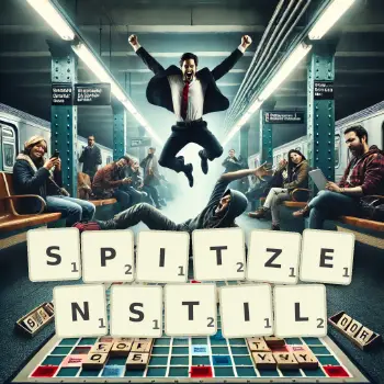 Kreative Illustration für ein Scrabble-Spiel, bei dem das Wort SPITZENSTIL mit Steinen auf dem Brett gelegt wurde.