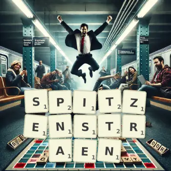 Kreative Illustration für ein Scrabble-Spiel, bei dem das Wort SPITZENSTRAEN mit Steinen auf dem Brett gelegt wurde.