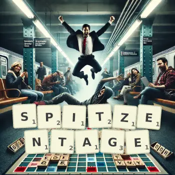 Kreative Illustration für ein Scrabble-Spiel, bei dem das Wort SPITZENTAGE mit Steinen auf dem Brett gelegt wurde.