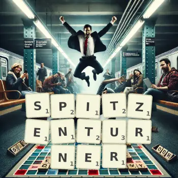 Kreative Illustration für ein Scrabble-Spiel, bei dem das Wort SPITZENTURNER mit Steinen auf dem Brett gelegt wurde.