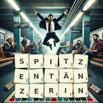 Kreative Illustration für ein Scrabble-Spiel, bei dem das Wort SPITZENTÄNZERIN mit Steinen auf dem Brett gelegt wurde.