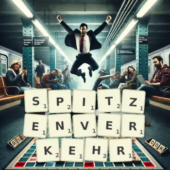 Kreative Illustration für ein Scrabble-Spiel, bei dem das Wort SPITZENVERKEHR mit Steinen auf dem Brett gelegt wurde.