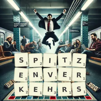 Kreative Illustration für ein Scrabble-Spiel, bei dem das Wort SPITZENVERKEHRS mit Steinen auf dem Brett gelegt wurde.