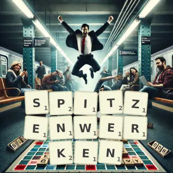 Kreative Illustration für ein Scrabble-Spiel, bei dem das Wort SPITZENWERKEN mit Steinen auf dem Brett gelegt wurde.