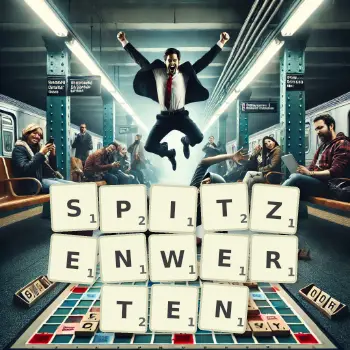 Kreative Illustration für ein Scrabble-Spiel, bei dem das Wort SPITZENWERTEN mit Steinen auf dem Brett gelegt wurde.