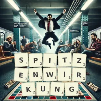 Kreative Illustration für ein Scrabble-Spiel, bei dem das Wort SPITZENWIRKUNG mit Steinen auf dem Brett gelegt wurde.