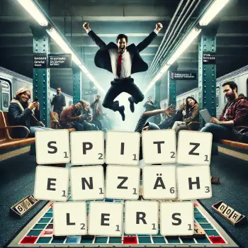 Kreative Illustration für ein Scrabble-Spiel, bei dem das Wort SPITZENZÄHLERS mit Steinen auf dem Brett gelegt wurde.