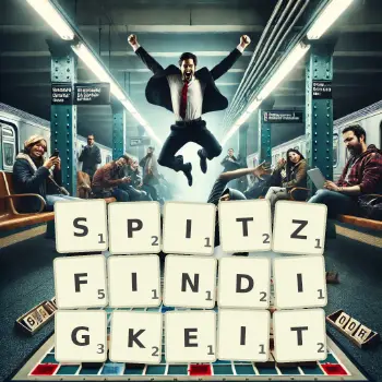 Kreative Illustration für ein Scrabble-Spiel, bei dem das Wort SPITZFINDIGKEIT mit Steinen auf dem Brett gelegt wurde.