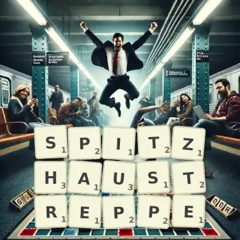 Kreative Illustration für ein Scrabble-Spiel, bei dem das Wort SPITZHAUSTREPPE mit Steinen auf dem Brett gelegt wurde.