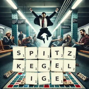 Kreative Illustration für ein Scrabble-Spiel, bei dem das Wort SPITZKEGELIGE mit Steinen auf dem Brett gelegt wurde.