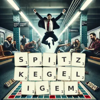 Kreative Illustration für ein Scrabble-Spiel, bei dem das Wort SPITZKEGELIGEM mit Steinen auf dem Brett gelegt wurde.