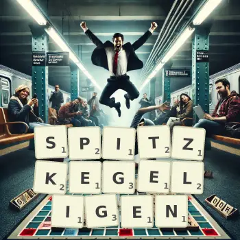 Kreative Illustration für ein Scrabble-Spiel, bei dem das Wort SPITZKEGELIGEN mit Steinen auf dem Brett gelegt wurde.