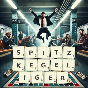 Kreative Illustration für ein Scrabble-Spiel, bei dem das Wort SPITZKEGELIGER mit Steinen auf dem Brett gelegt wurde.