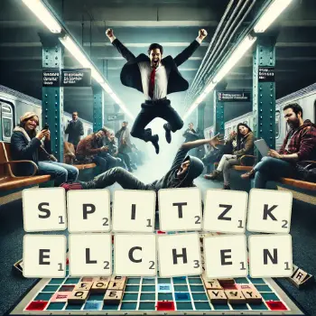 Kreative Illustration für ein Scrabble-Spiel, bei dem das Wort SPITZKELCHEN mit Steinen auf dem Brett gelegt wurde.