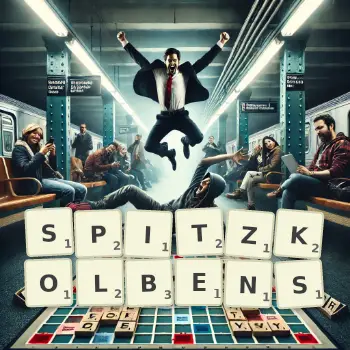 Kreative Illustration für ein Scrabble-Spiel, bei dem das Wort SPITZKOLBENS mit Steinen auf dem Brett gelegt wurde.