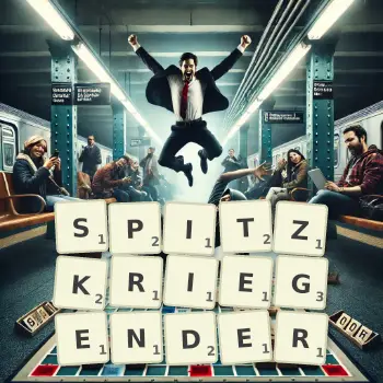 Kreative Illustration für ein Scrabble-Spiel, bei dem das Wort SPITZKRIEGENDER mit Steinen auf dem Brett gelegt wurde.