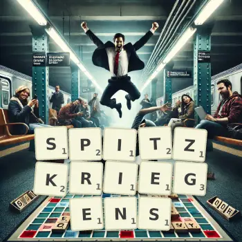 Kreative Illustration für ein Scrabble-Spiel, bei dem das Wort SPITZKRIEGENS mit Steinen auf dem Brett gelegt wurde.