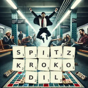 Kreative Illustration für ein Scrabble-Spiel, bei dem das Wort SPITZKROKODIL mit Steinen auf dem Brett gelegt wurde.
