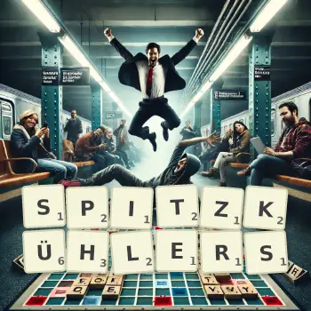 Kreative Illustration für ein Scrabble-Spiel, bei dem das Wort SPITZKÜHLERS mit Steinen auf dem Brett gelegt wurde.