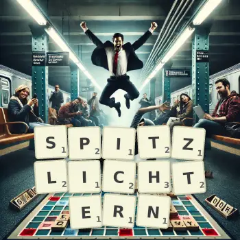 Kreative Illustration für ein Scrabble-Spiel, bei dem das Wort SPITZLICHTERN mit Steinen auf dem Brett gelegt wurde.