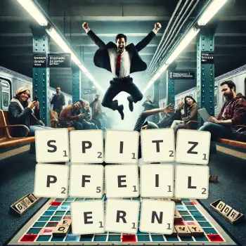 Kreative Illustration für ein Scrabble-Spiel, bei dem das Wort SPITZPFEILERN mit Steinen auf dem Brett gelegt wurde.