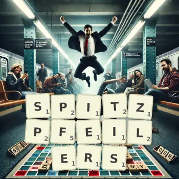 Kreative Illustration für ein Scrabble-Spiel, bei dem das Wort SPITZPFEILERS mit Steinen auf dem Brett gelegt wurde.