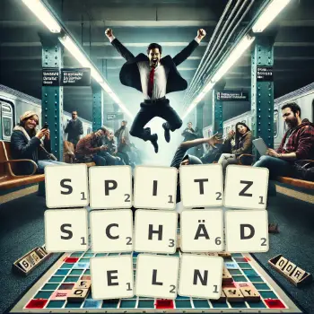 Kreative Illustration für ein Scrabble-Spiel, bei dem das Wort SPITZSCHÄDELN mit Steinen auf dem Brett gelegt wurde.