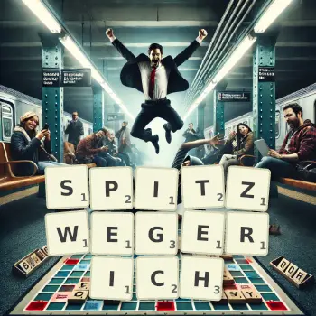 Kreative Illustration für ein Scrabble-Spiel, bei dem das Wort SPITZWEGERICH mit Steinen auf dem Brett gelegt wurde.