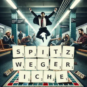 Kreative Illustration für ein Scrabble-Spiel, bei dem das Wort SPITZWEGERICHE mit Steinen auf dem Brett gelegt wurde.