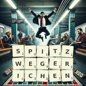 Kreative Illustration für ein Scrabble-Spiel, bei dem das Wort SPITZWEGERICHEN mit Steinen auf dem Brett gelegt wurde.